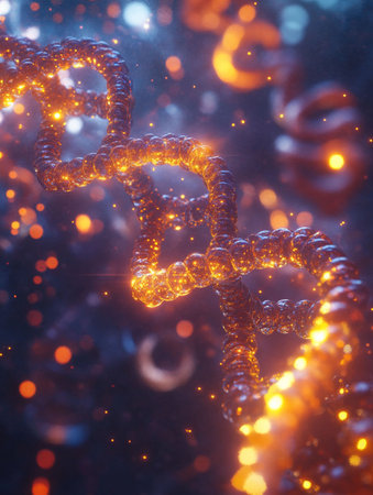 A detailed representation of a double helix structure shines brightly in warm orange tones against a dark backdrop. The glowing strands suggest continuous molecular activity and energy.の素材