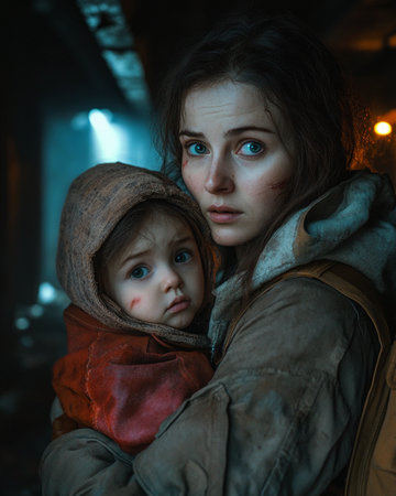 A woman clutches a child tightly in a shadowy, abandoned location. Their expressions reflect fear and determination as they navigate this challenging environment, illuminated by faint light.の素材