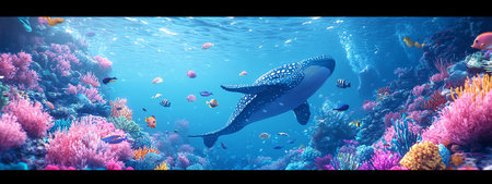 A whale dives through a lively coral reef filled with many colorful fish. Bright sunlight shines down, illuminating the underwater scene. Coral formations surround the whale as it glides gracefully.の写真素材