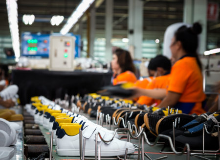 worker making sportshoe in footwear production line