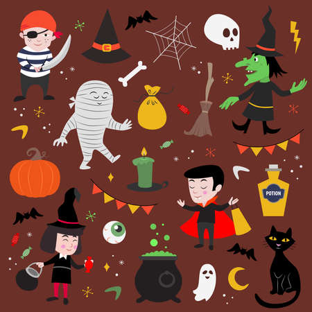 Collection of cute icons for Halloween. Kids style.のイラスト素材