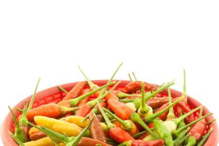 Red, yellow, and green pepper on white backgroundの写真素材