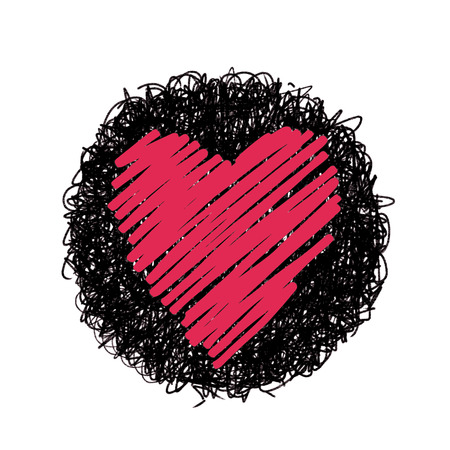 Hand drawing of heart doodle on black circle by crayonのイラスト素材