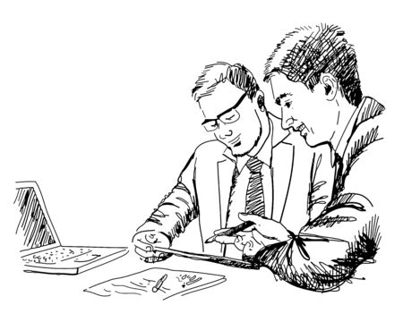 hand drawn vector of two young businessmen using touchpad at meetingのイラスト素材