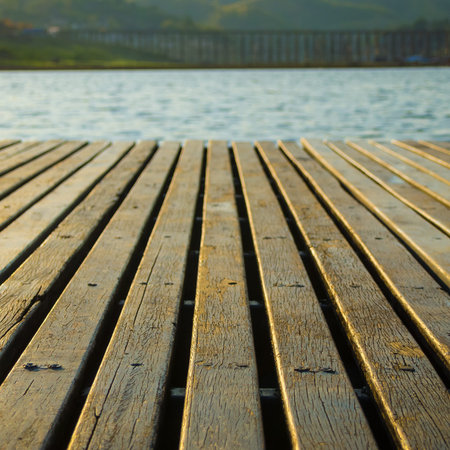 wooden floor of raft in  Songalia river, Sangkhlaburi , Thailandの写真素材