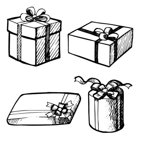 Freehand sketch illustration of sot of grunge Christmas gift boxes , doodle hand drawnのイラスト素材