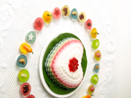 Colorful Coconut jelly Thai dessert with Look Choup , the dessert plated ballsの写真素材