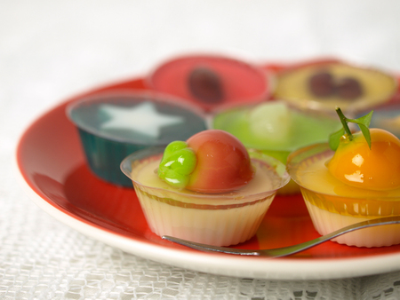 Colorful Coconut jelly Thai dessert with Look Choup , the dessert plated ballsの写真素材