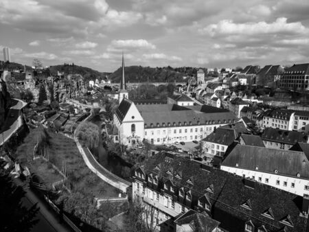 Black and white image of view of Grund district in Luxembourg City, Luxembourgの写真素材