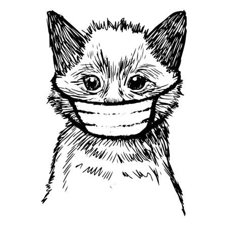 illustration of cat with mask hand drawn isolated on white backgroundのイラスト素材