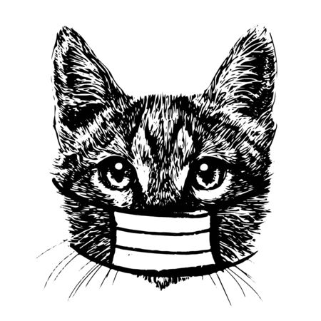 illustration of cat with mask hand drawn isolated on white backgroundのイラスト素材