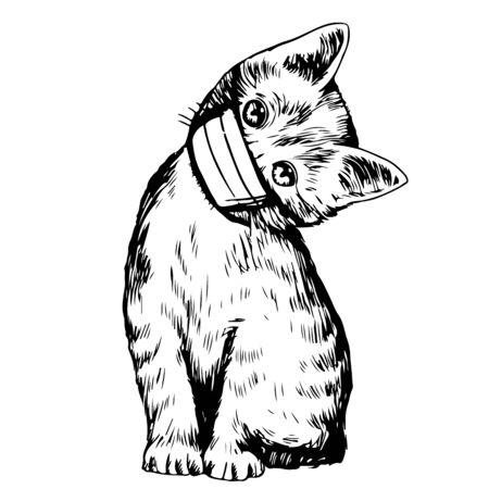 illustration of cat with mask hand drawn isolated on white backgroundのイラスト素材
