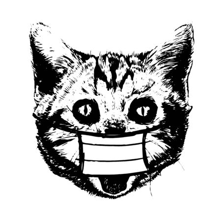 illustration of cat with mask hand drawn isolated on white backgroundのイラスト素材