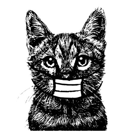 illustration of cat with mask hand drawn isolated on white backgroundのイラスト素材