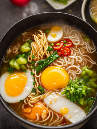 Japanese ramen soup with egg, vegetables and noodles on dark backgroundの素材