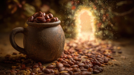A rustic clay pot brimming with coffee beans sits among scattered beans, leading to a mystical doorway that radiates warm light and enchanting sparkles.の素材