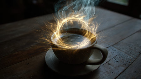 A captivating image of a steaming cup of coffee surrounded by enchanting swirls of smoke and sparkles, creating a magical atmosphere perfect for cozy moments.の素材