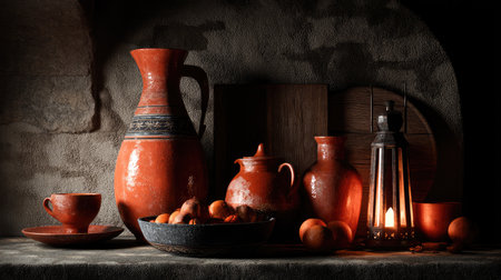 Capture the essence of warmth with this rustic still life featuring handcrafted clay pottery and fresh fruits, perfect for inspiring home decoration and culinary art.の素材