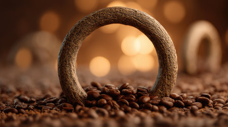A stunning composition showcasing natural coffee beans surrounded by unique wooden rings, creating a warm and inviting atmosphere, perfect for coffee enthusiasts.の素材