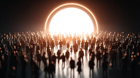 A diverse crowd of silhouetted figures stands against a bright light, evoking themes of hope, unity, and a shared journey toward a brighter future.の素材