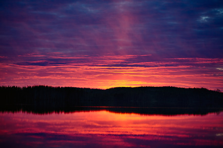 pink and purple sunset on the forest lakeの写真素材