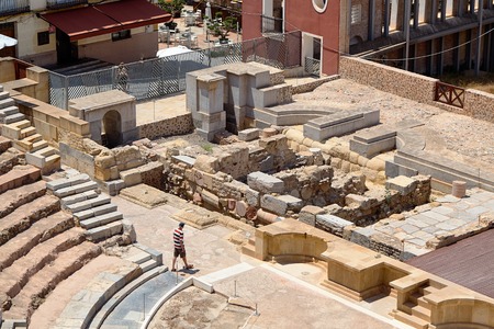 Cartagena, Spain - July 13, 2016: Roman amphitheater and ruins in Cartagena city, region of Murcia, Spain.のeditorial素材