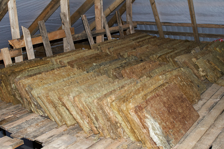 Mineral wool stack on construction site - thermal insulation of a house.の写真素材