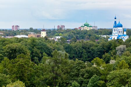 View from the roof of the Gatchina Palace on the city, the Cathedral of the Intercession of the Blessed Virgin, the Cathedral of St. Paul the Apostle and city buildings.の写真素材