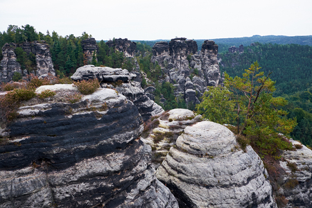Bastei Rocks in Swiss Saxony, around the ruins of Neurathen Castle. Germany.の写真素材