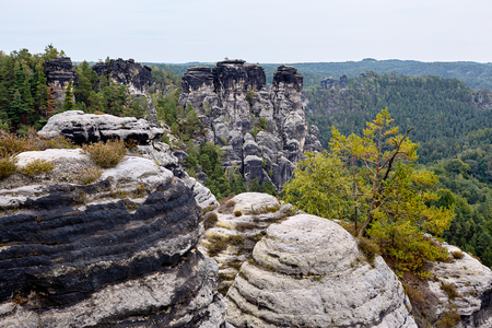 Bastei Rocks in Swiss Saxony, around the ruins of Neurathen Castle. Germany.の写真素材