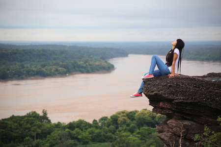 A woman on the mountainの写真素材