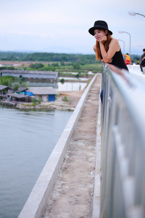 Woman on bridgeの写真素材