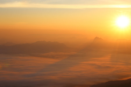 Sunrise and mist at Phu Kradung National Park, Thailandの写真素材