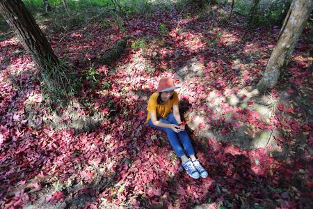 Woman sitting on the ground covered with fallen red maple leaves at Phu Kradueng National Park, Loei, Thailandの写真素材