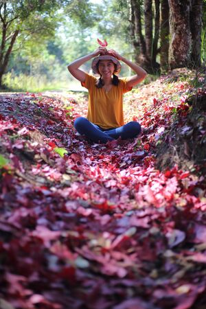 Woman sitting on the ground covered with fallen red maple leaves at Phu Kradueng National Park, Loei, Thailandの写真素材
