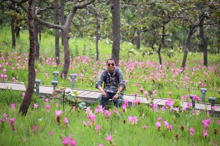 Men in the fields of Krachiew flowers at Pa Hin Ngam National Park in Chaiyaphum, Thailandの写真素材