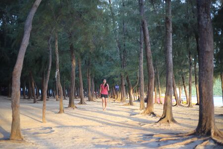 A woman standing on a pine forest by the beachの写真素材