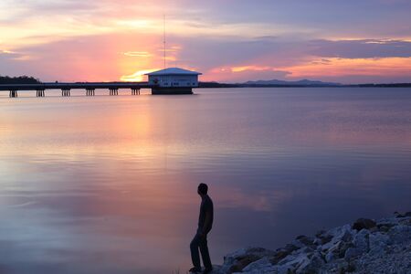 Dokkrai Reservoir and view sunset water reflection at rayong, thailandの写真素材