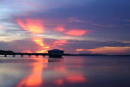Dokkrai Reservoir and view sunset water reflection at rayong, thailandの写真素材