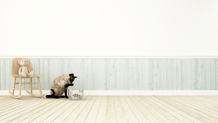 teddy bear on rocking chair and cat playing with clownfish-3D renderingの写真素材