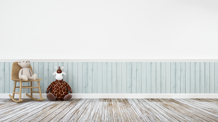 giraffe doll and teddy bear in wooden decoration - 3d renderingの写真素材