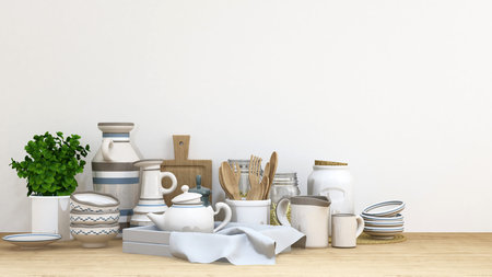 Kitchen set bule white tone on wooden floor- 3D rendering