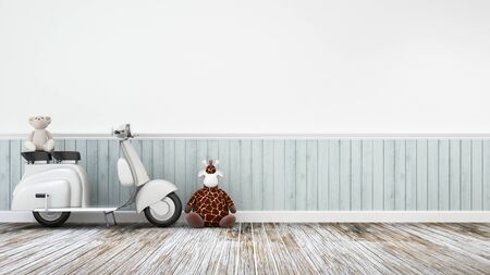 Vintage motorcycle with doll giraffe and baer on wooden floor-3D Renderingの写真素材