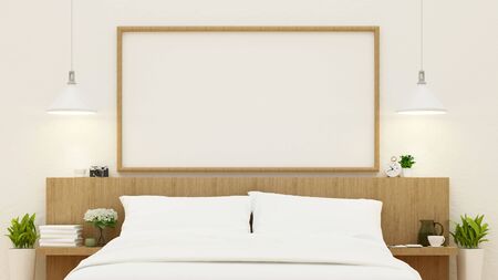 bedroom in wooden design and frame for artwork- 3d renderingの写真素材