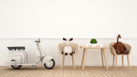 Vintage motorcycle with giraffe doll  and reindeer doll in dining room - 3d renderingの写真素材