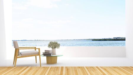 armchair on terrace and lake view in hotel - 3D Renderingの写真素材