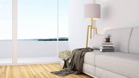 living room and balcony - 3d renderingの写真素材