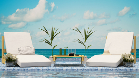 daybed on terrace swimming pool sea view - 3D Renderingの写真素材