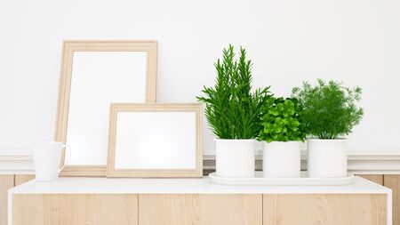 white cup with flowerpot and frame picture for artwork - 3D Renderingの写真素材