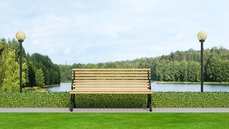 wood bench in park and lake view - 3d renderingの写真素材